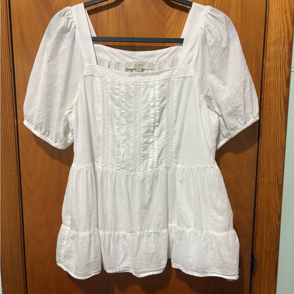 LOFT White Square-Neck Puff Sleeve Lace Babydoll Boho 100% Cotton Top Size M - Picture 2 of 8